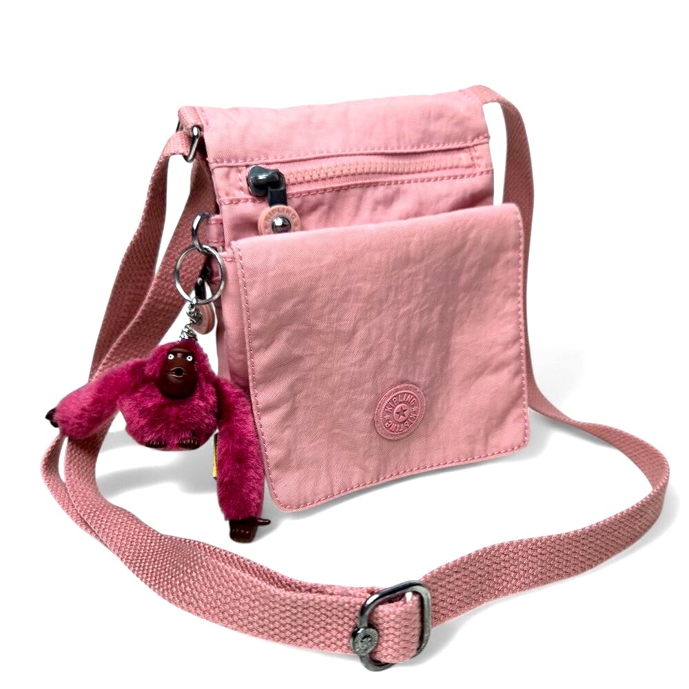 Kipling Mini Crossbody Purse Women's Pink Wrinkled Nylon Sporty Everyday Monkey